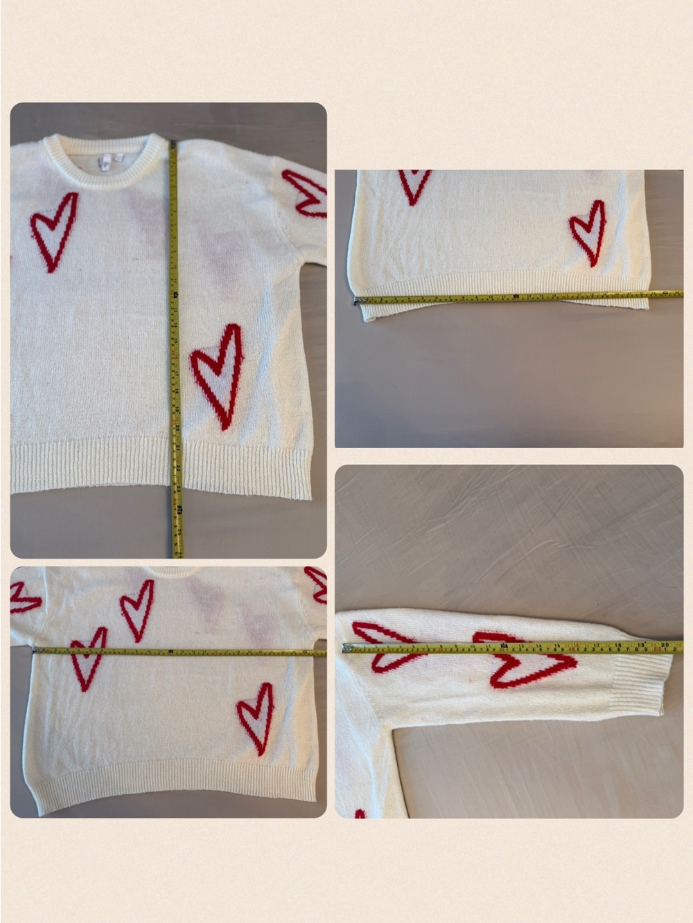 Elan Ivory Heart Print Soft Girl Crewneck Sweater Oversized Cozy Knit Pullover L - Picture 17 of 17